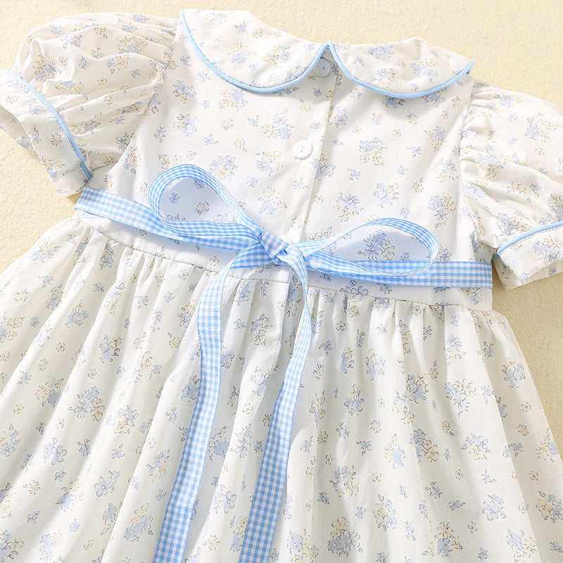 Cute duck embroidered cotton floral smocked dress
