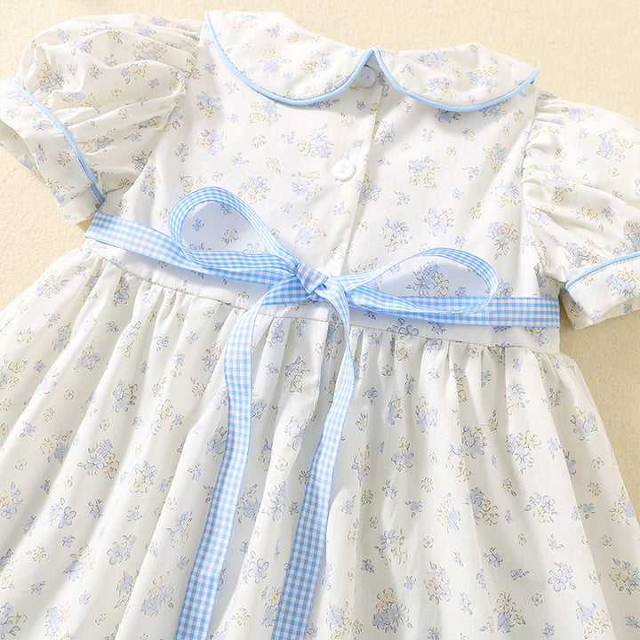 Cute duck embroidered cotton floral smocked dress