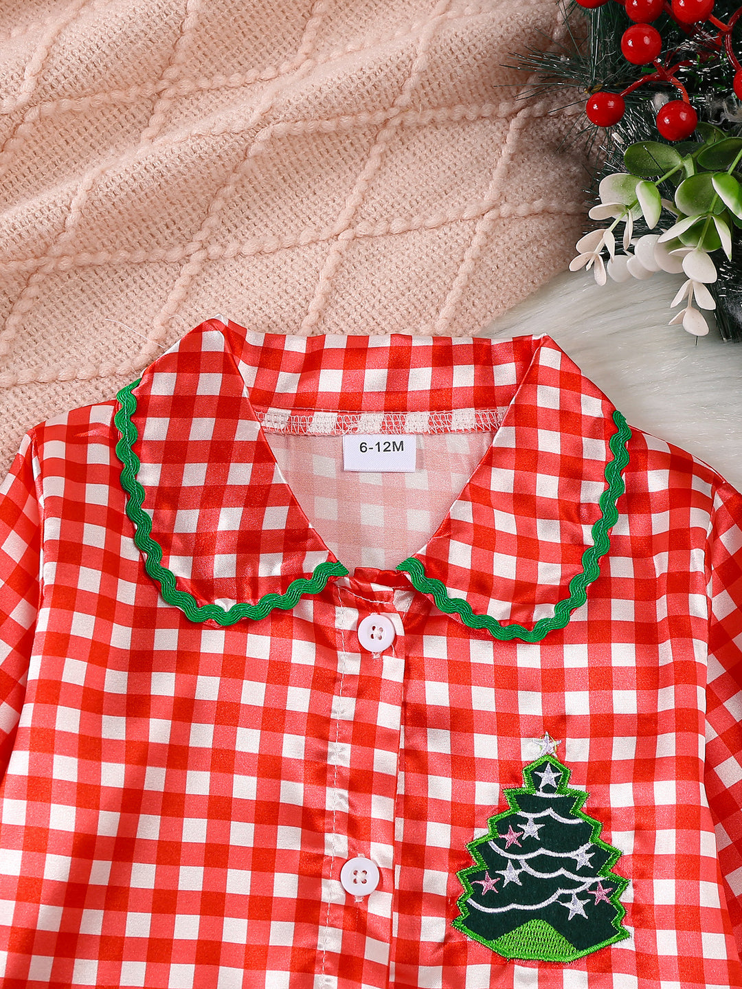 Christmas red checkerboard satin silk pajamas for girls