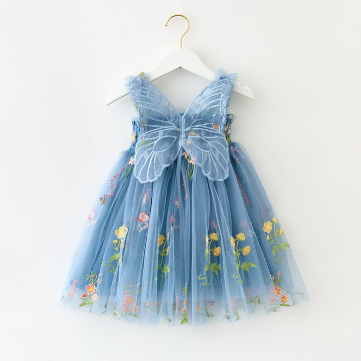 Girls floral embroidery mesh tutu dress with butterfly wings