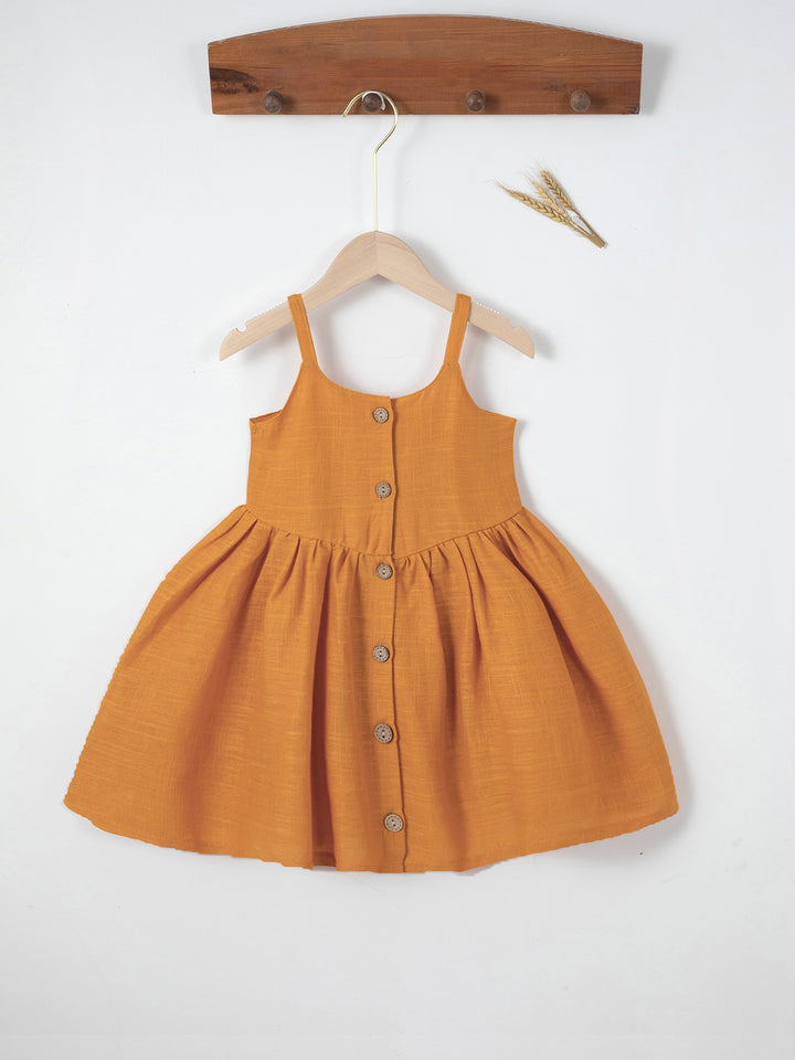 Girls summer cotton and linen button suspender dress