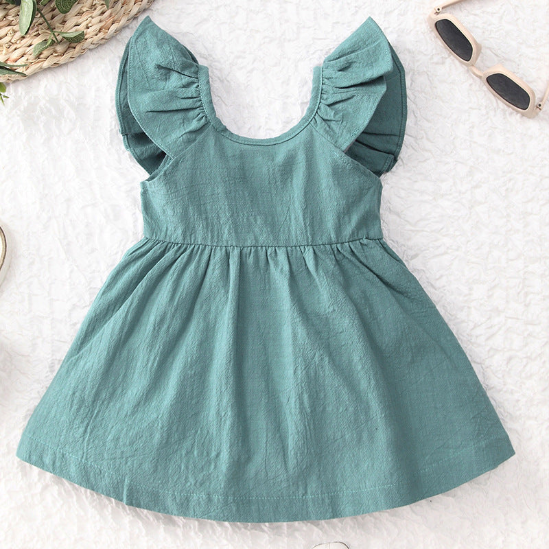 Girls summer cotton and linen button ruffle dress