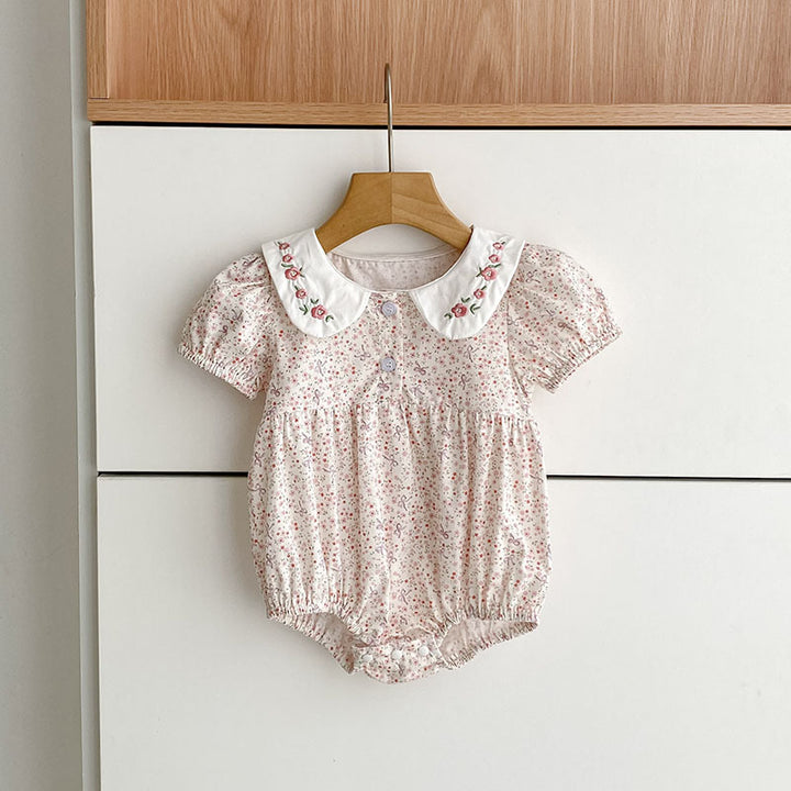 Pink floral bow embroidered baby bodysuit romper