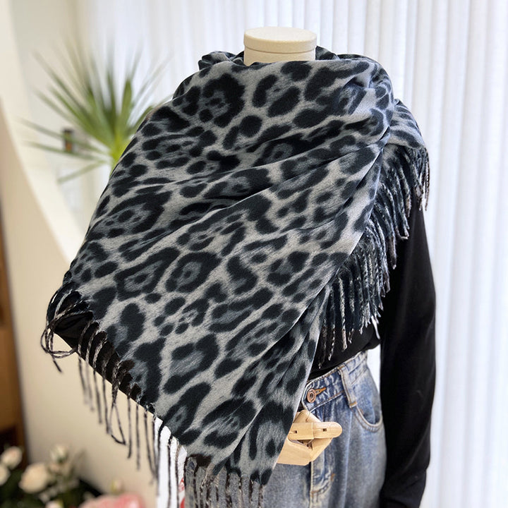 Leopard print warm windproof tassel scarf for women