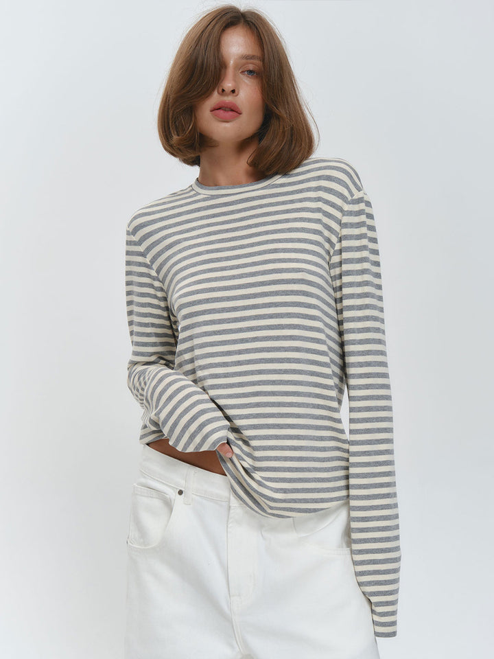 Striped slim round neck cotton bottoming shirt for women