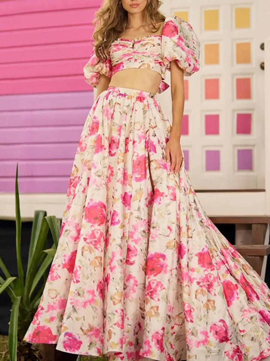 Puff Sleeve crop Top High Waist Swing Skirt Set