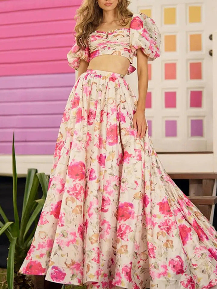 Puff Sleeve crop Top High Waist Swing Skirt Set
