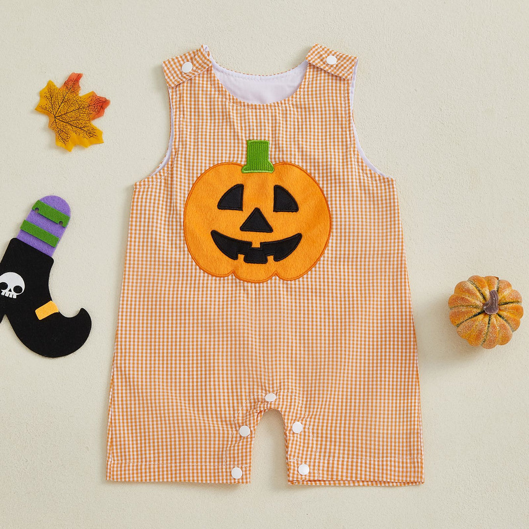 Cute pumpkin embroidered plaid jumpsuit for Halloween