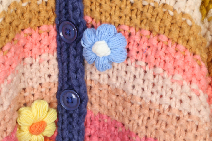 Rainbow striped handmade flower thick sweater cardigan