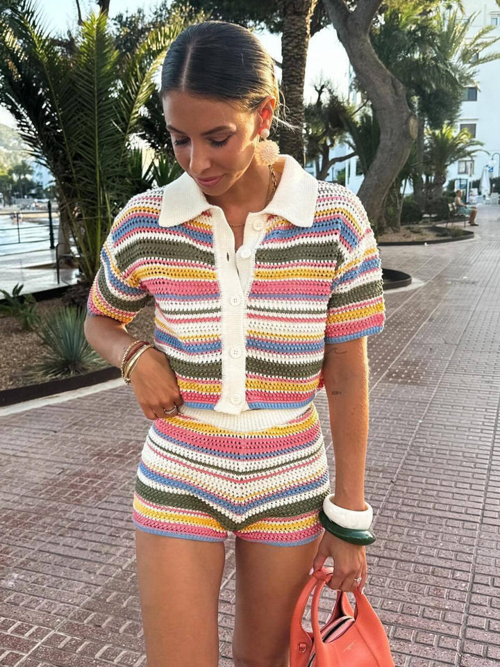 Crochet Lapel Short Sleeve Top&Shorts Set