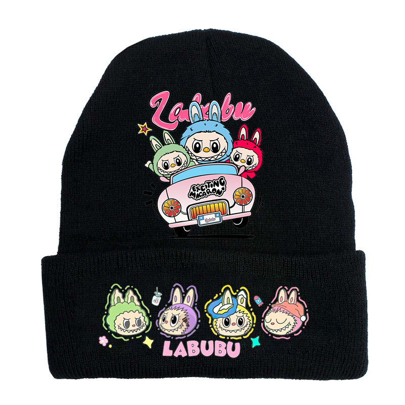 Cute monster printed knitted beanie hat-black