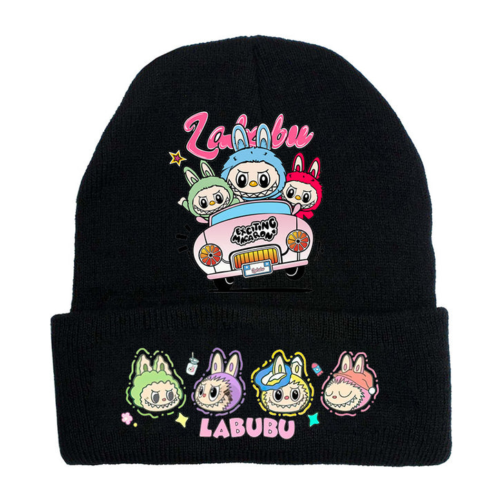 Cute monster printed knitted beanie hat-black