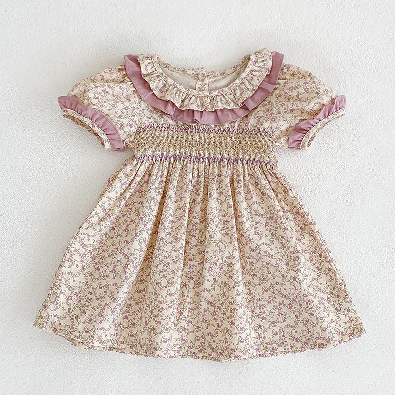 Lavender purple floral print smocked dress for girls