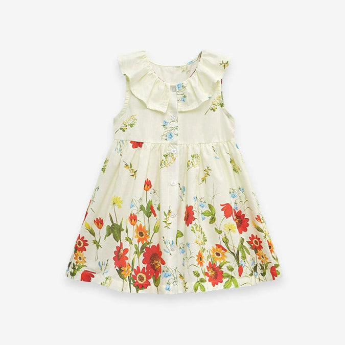 Girls pleated lotus leaf collar cotton floral dress