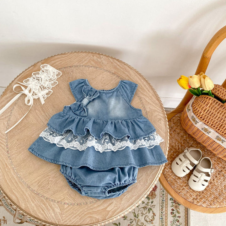 Baby denim lace splicing top&bubble short 2pcs set