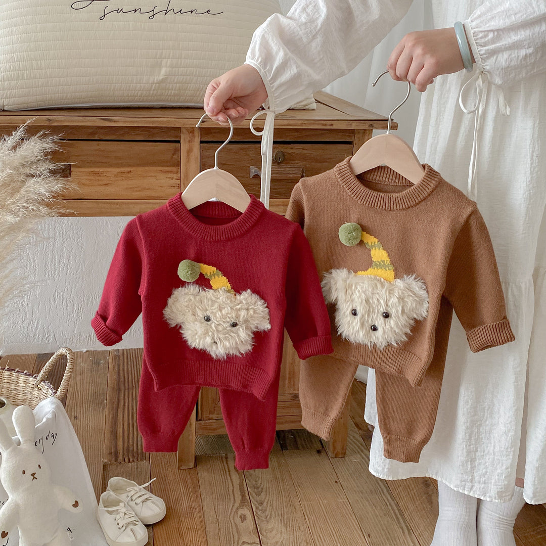 Baby Furry Puppy Pattern Knitted Sweater&Pants 2pcs Set