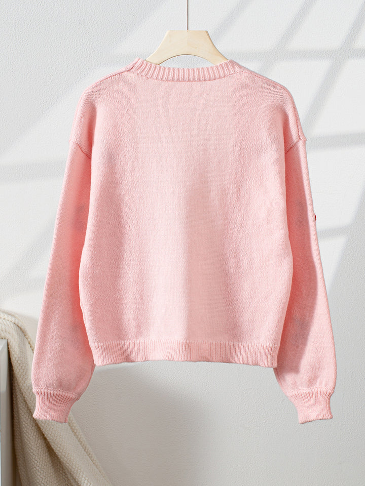 Cherry Embroidery Pink Sweater Cardigan for women