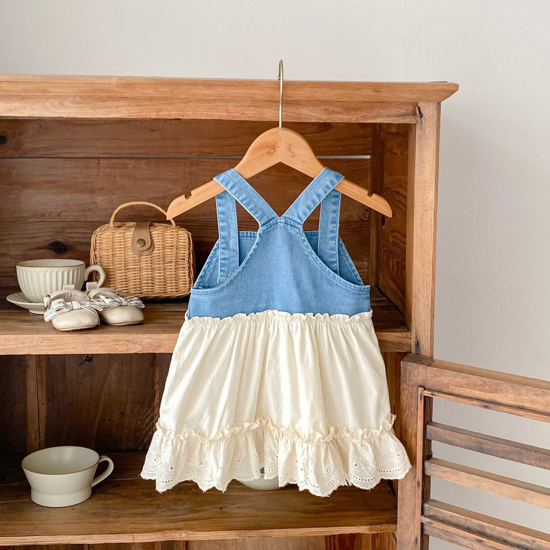 Baby denim stitching lace ruffle suspender dress