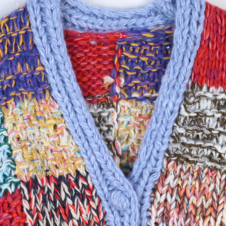 Loose color patchwork V-neck knitted sweater cardigan