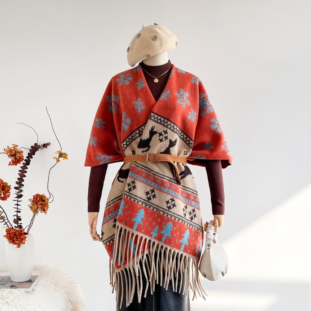 Snowflake deer jacquard shawl Christmas warm shawl scarf