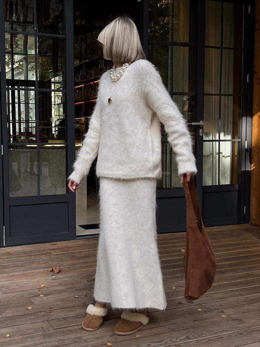 White furry sweater&skirt 2pcs set sweater suit for women
