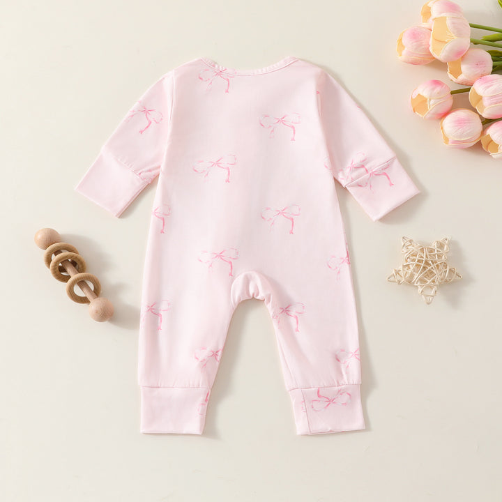 Sweet Bow Pink Bodysuit Long Sleeve Zipper romper