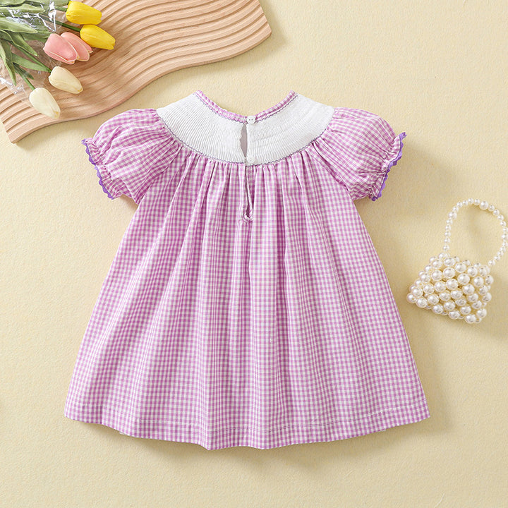 Purple plaid Birthday smocked dress with exquisite embroidery
