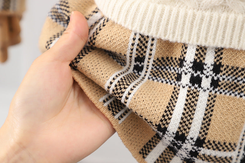 Classic retro plaid splicing cable-knit sweater