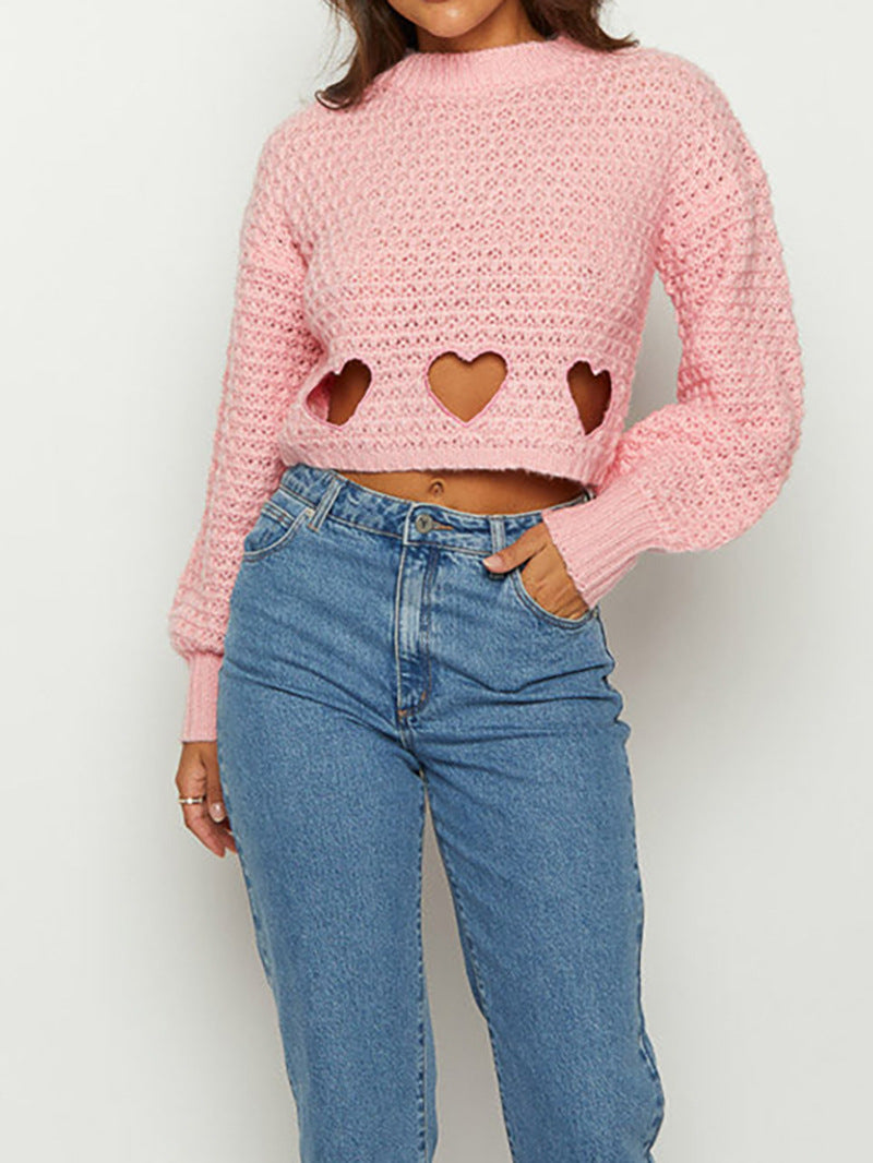 Valentine's Sweet hollowed heart cropped knit sweater