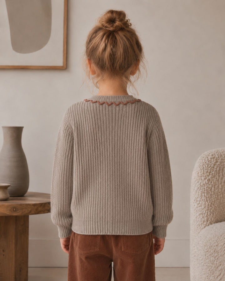 Girls' Ribbed Knit Pullover with Contrast-Color Scalloped Crew Neck