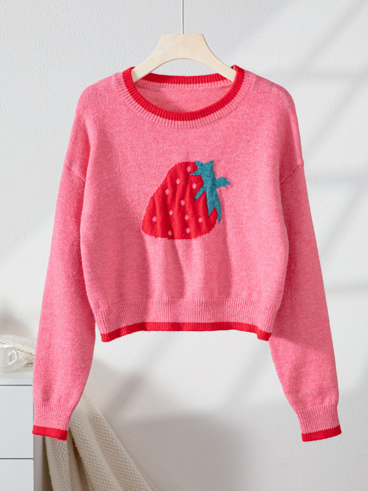 Strawberry jacquard pullover crop sweater