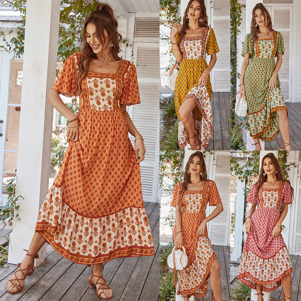 French retro floral printed square neck dress