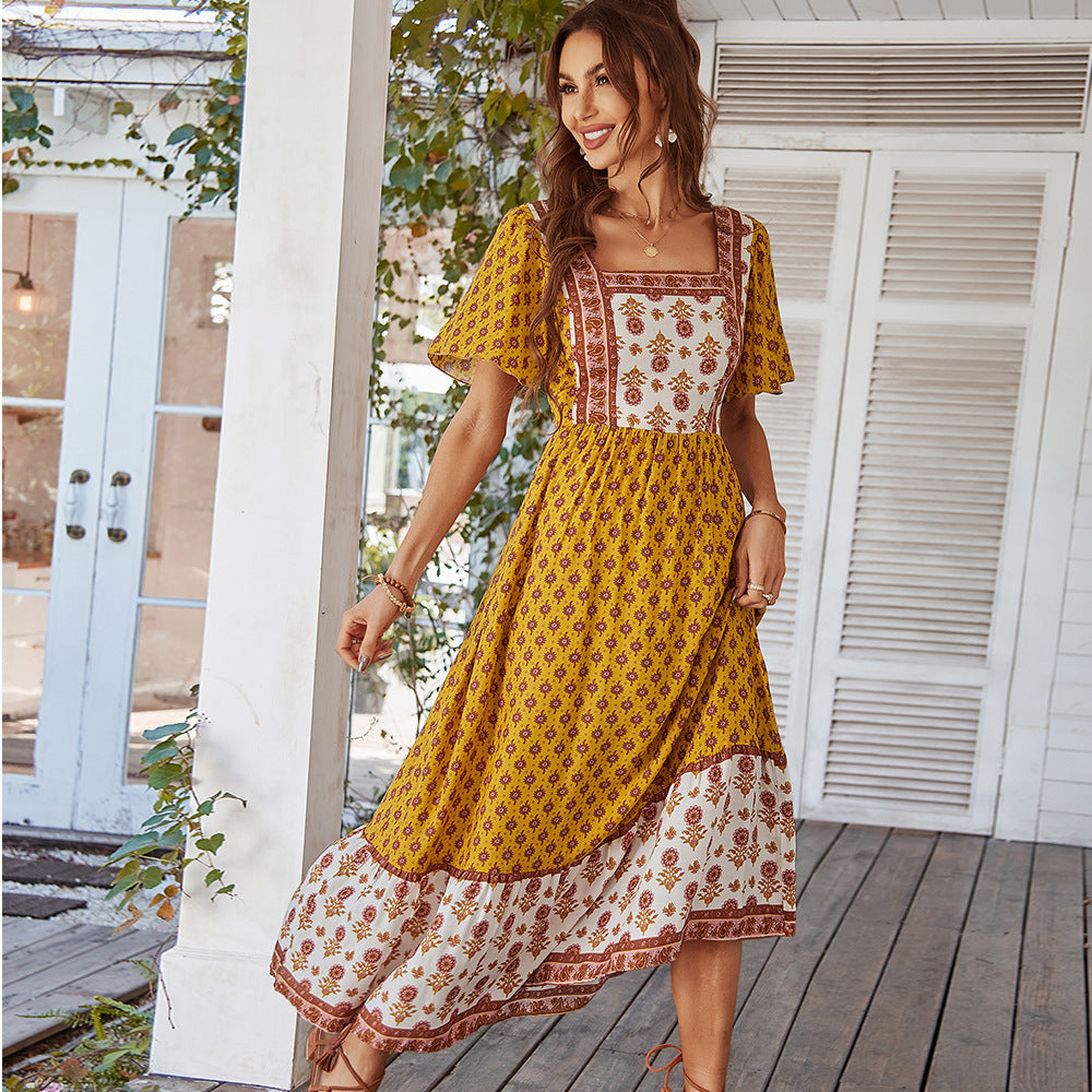 French retro floral printed square neck dress