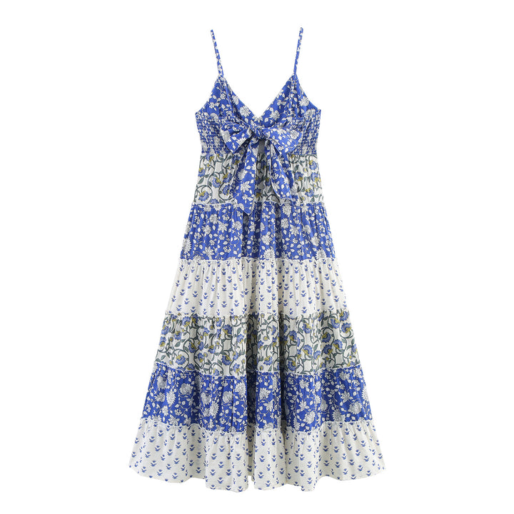 Patchwork print stitching floral rustic midi dress
