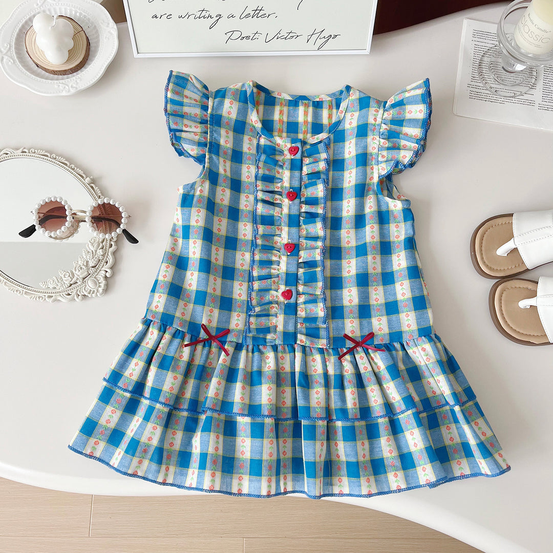Girls blue plaid floral ruffle short set sisters outfit