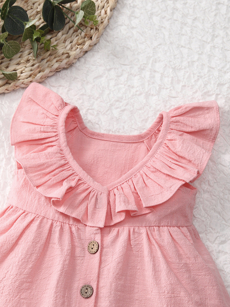 Girls summer cotton and linen button ruffle dress