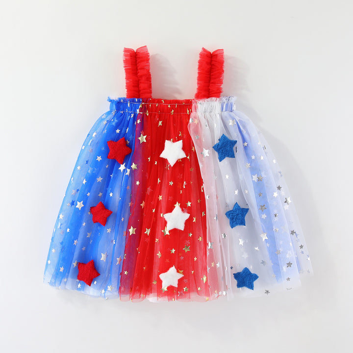Girls'Glitter Stars Red White Blue mesh dress for 4th of July