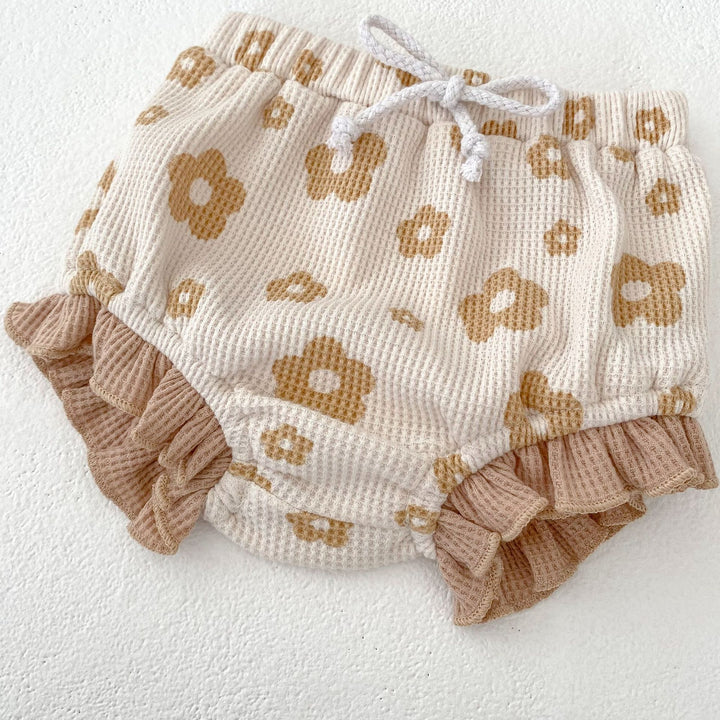 Baby flower waffle sling romper&bubble short 2pcs set