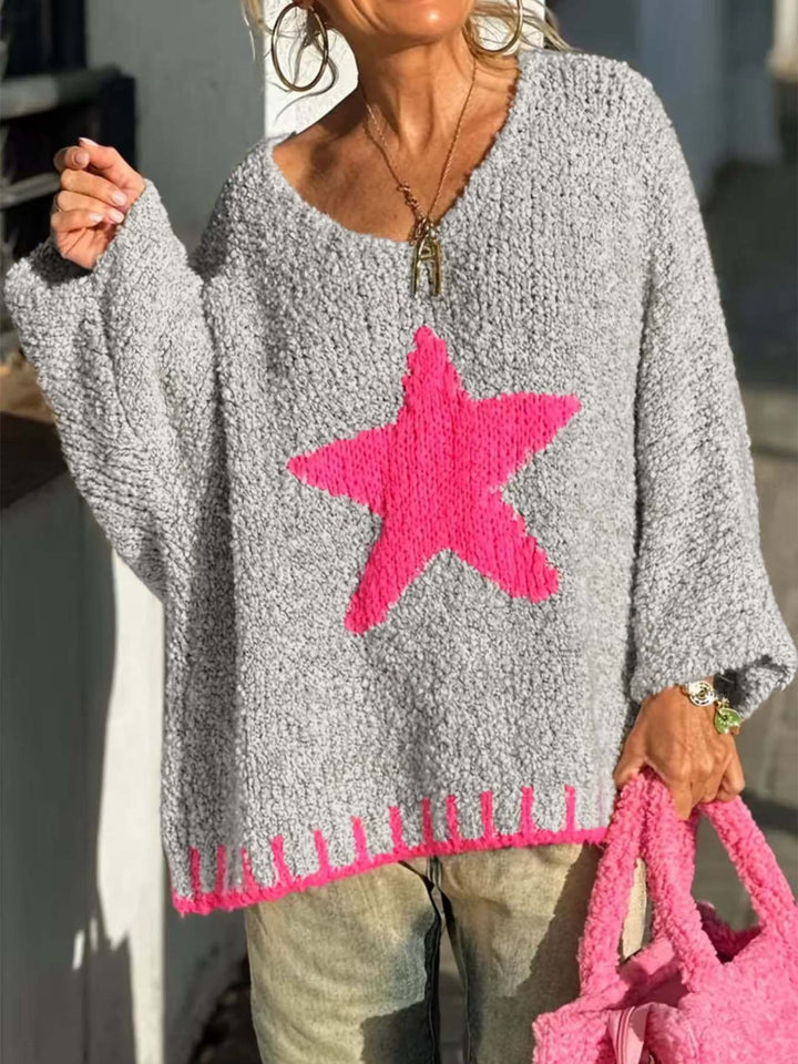 Hot Pink star loose V-neck knitted sweater