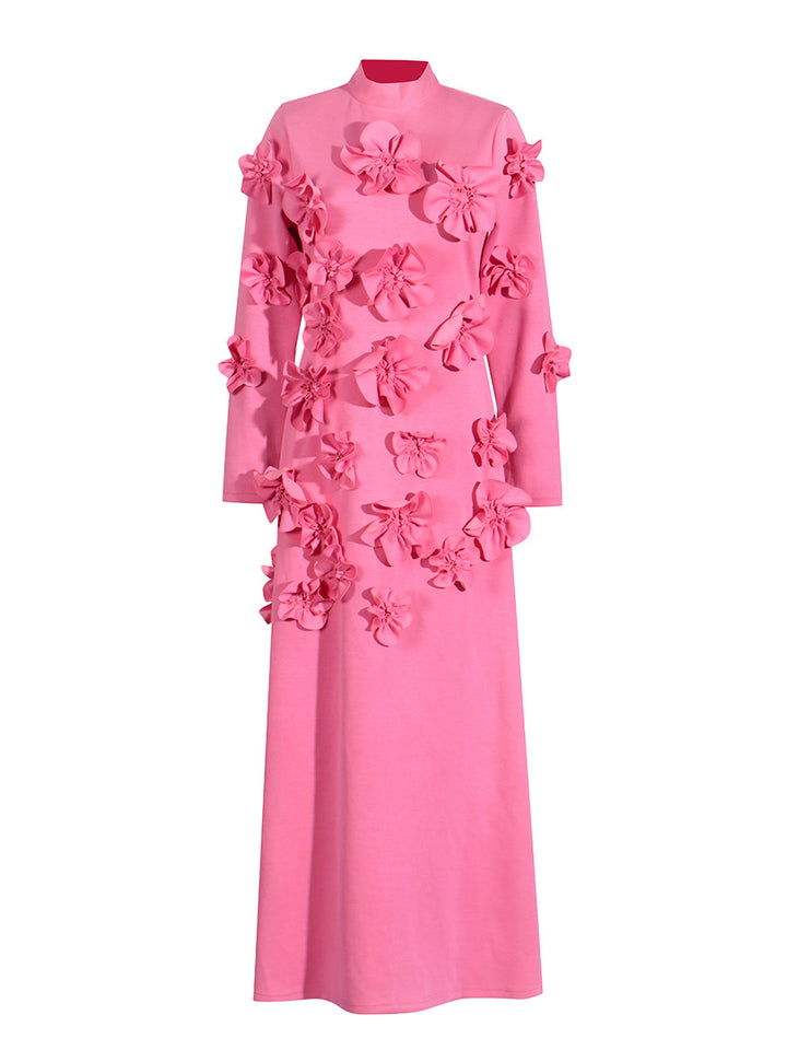 Pink Flower embellished Maxi dress 3D flower collage dress