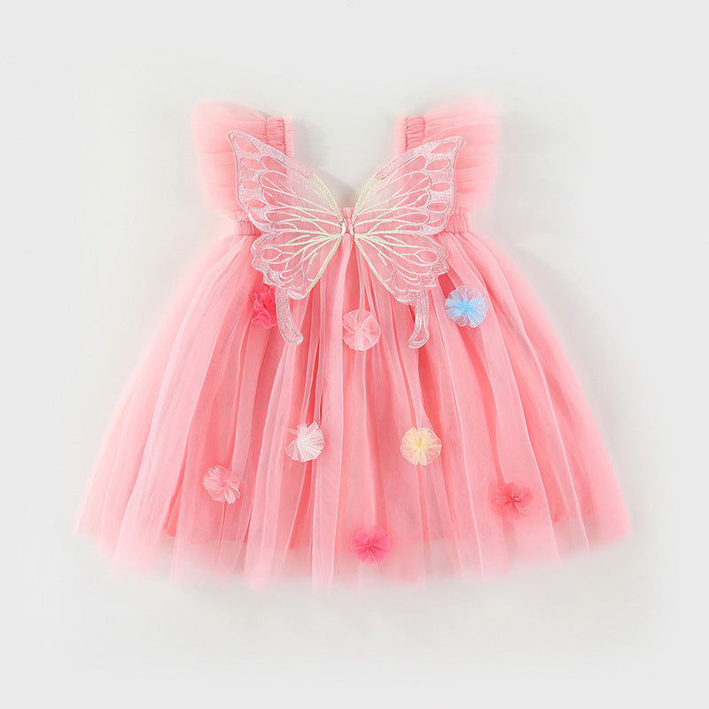 Girls'3D butterfly wings&flowers suspender mesh dress