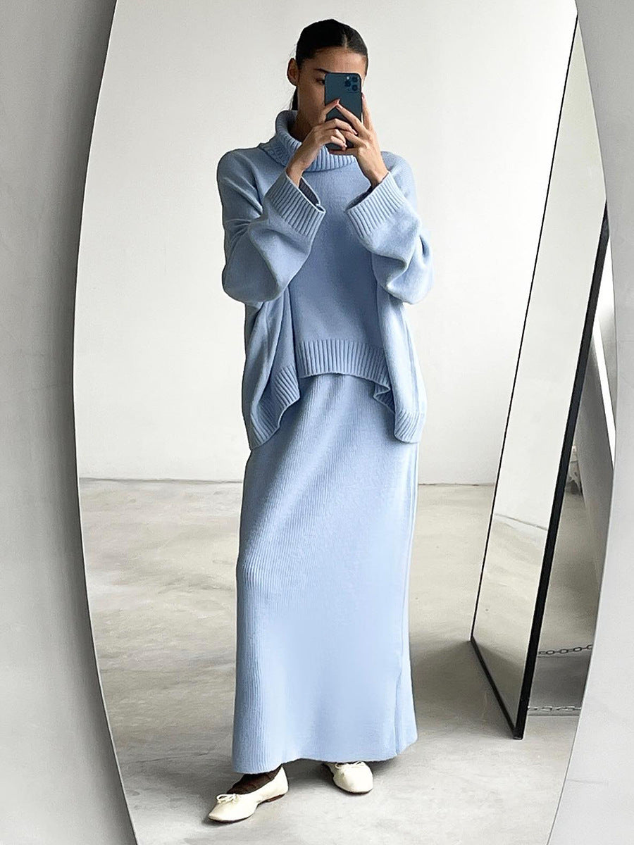 Women's Turtleneck Warm Knitted sweater&skirt 2PCS set
