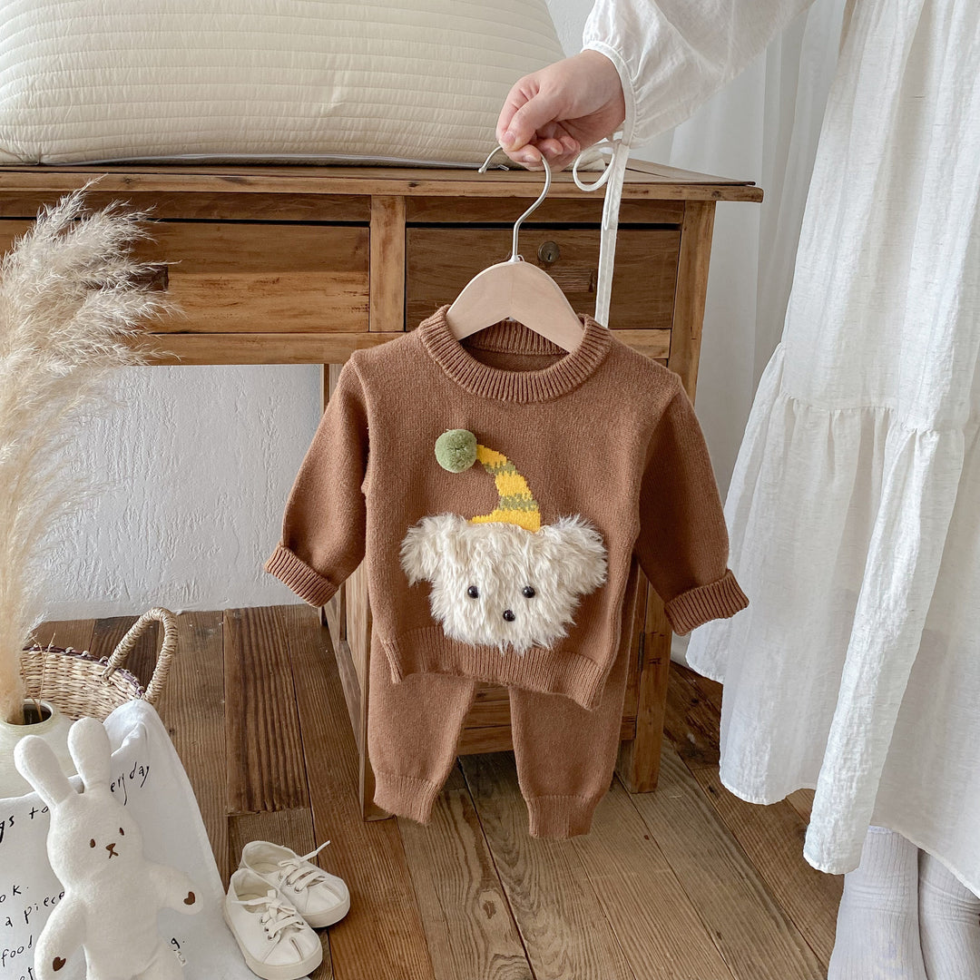 Baby Furry Puppy Pattern Knitted Sweater&Pants 2pcs Set