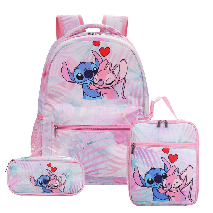 Stitch printed school backpack with lunch bag pencil bag