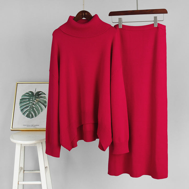 Women's Turtleneck Warm Knitted sweater&skirt 2PCS set