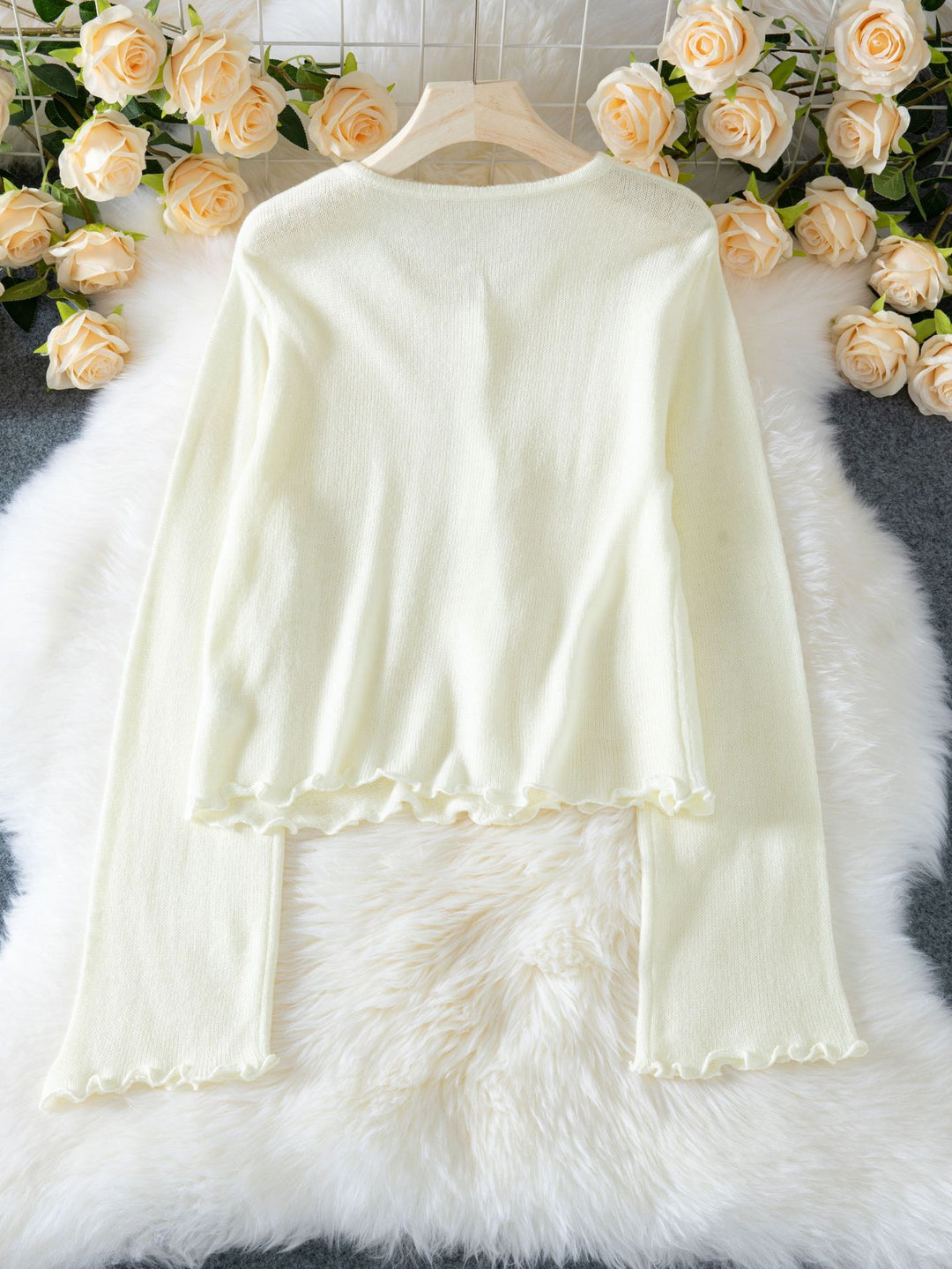 3D flower deco ruffled knitted sweater top for women