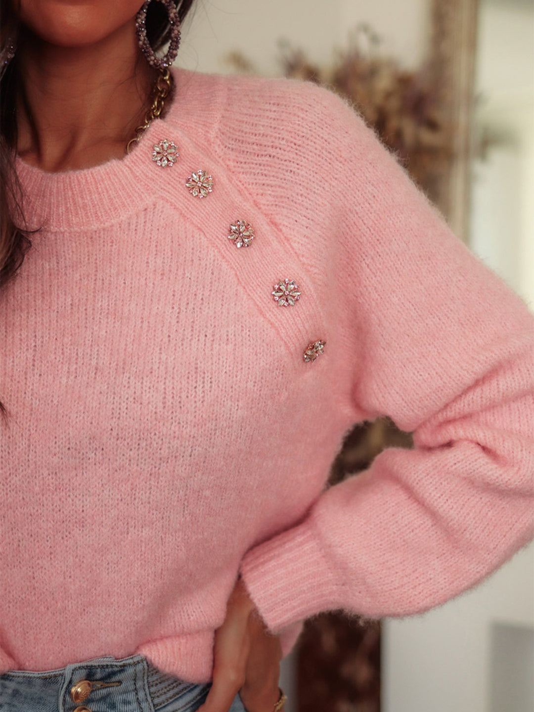 Pink raglan sleeve diamond button sweater for women