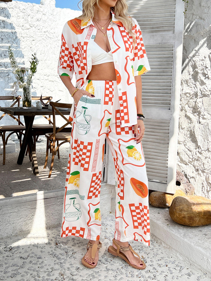 Boho Printed Button Top&wide leg pant Set for summer vacation