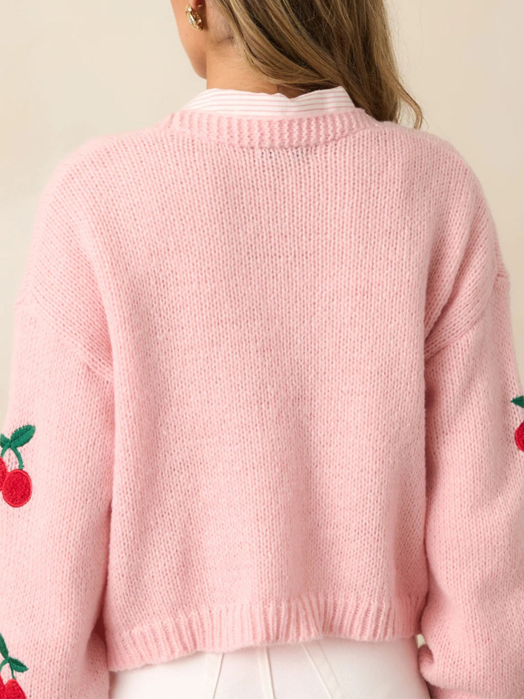 Cherry Embroidery Pink Sweater Cardigan for women
