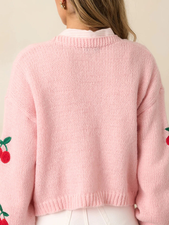 Cherry Embroidery Pink Sweater Cardigan for women